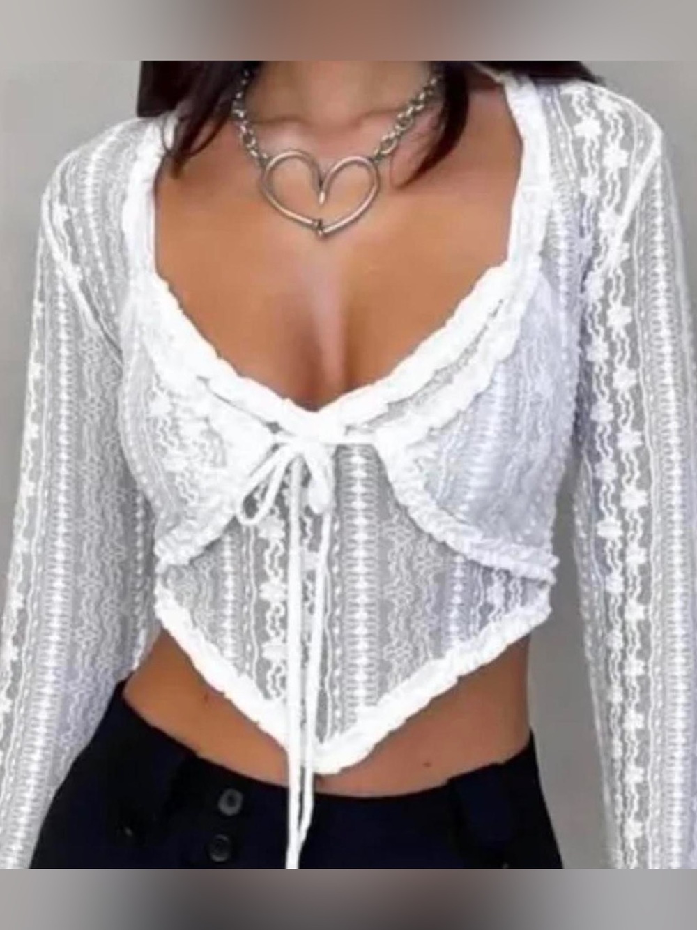Tiger Mist White/Cream Lace Tie-Front Cropped Cardigan LIKE NEW